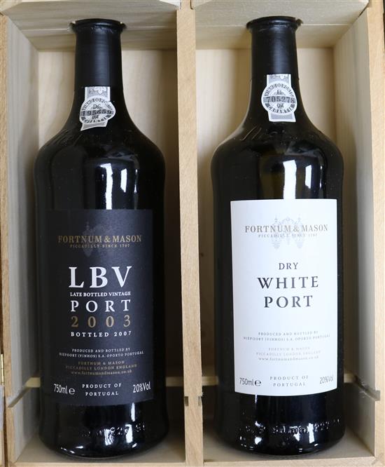 Two cased Fortnum & Mason bottles of port (one red, one white), in presentation case